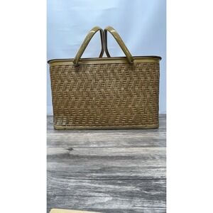Redmon Woven Picnic Basket Wood Lid Mustard Yellow Handles Vintage Style